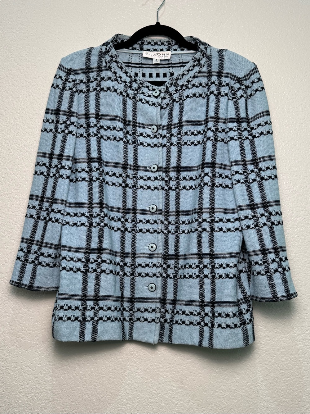 St John Collection Jacket 8 Blue Black Plaid Knit Button USA Fall 2008
